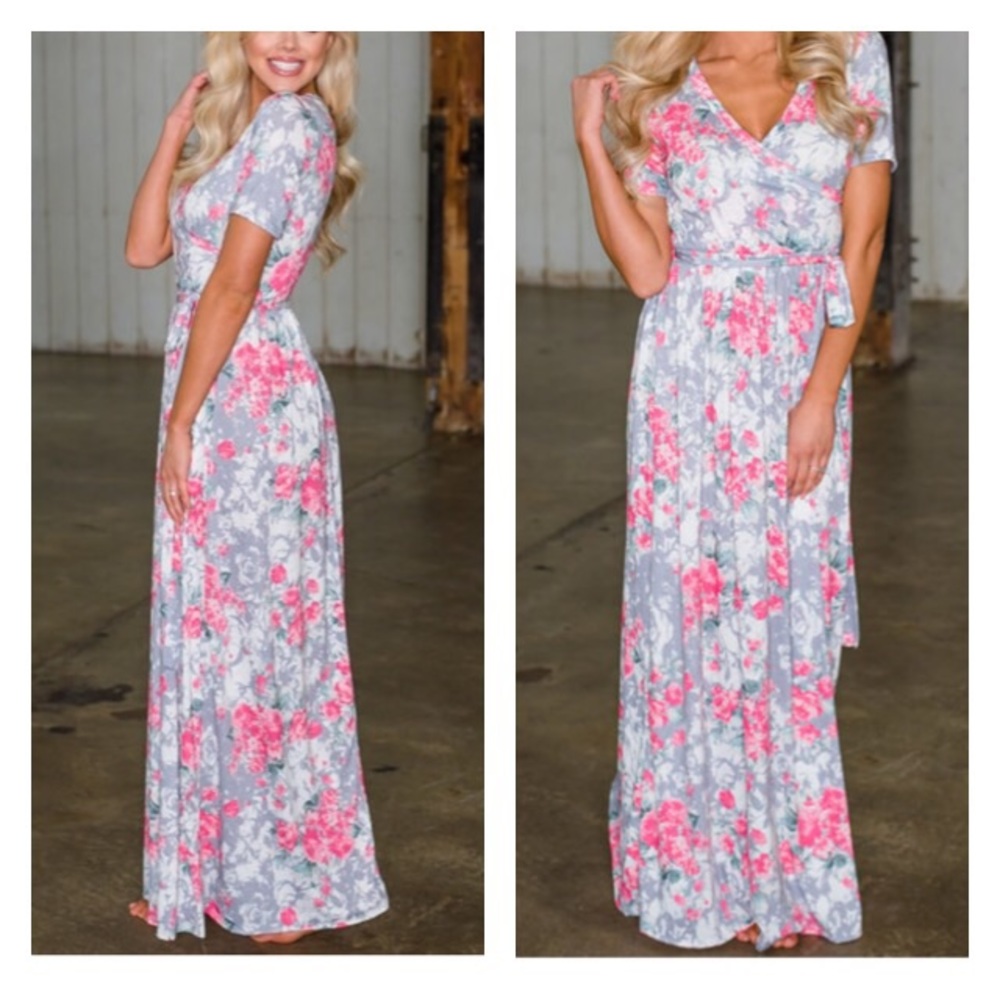 Gray and Pink Floral Maxi Dress
